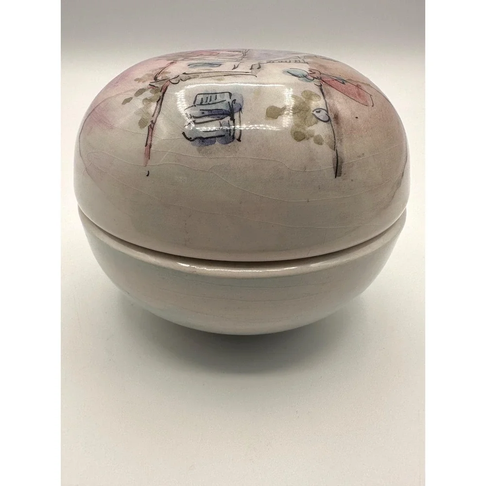 Vintage Italian Hand-Painted Lidded Ceramic Bowl Artist Signed